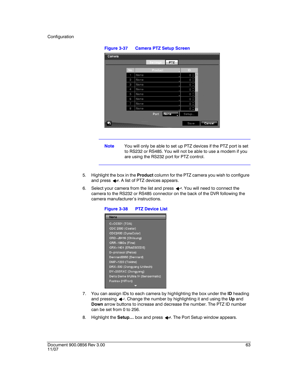 Figure 3-37, Camera ptz setup screen, Figure 3-38 | Ptz device list | Honeywell HRXD9 User Manual | Page 63 / 156