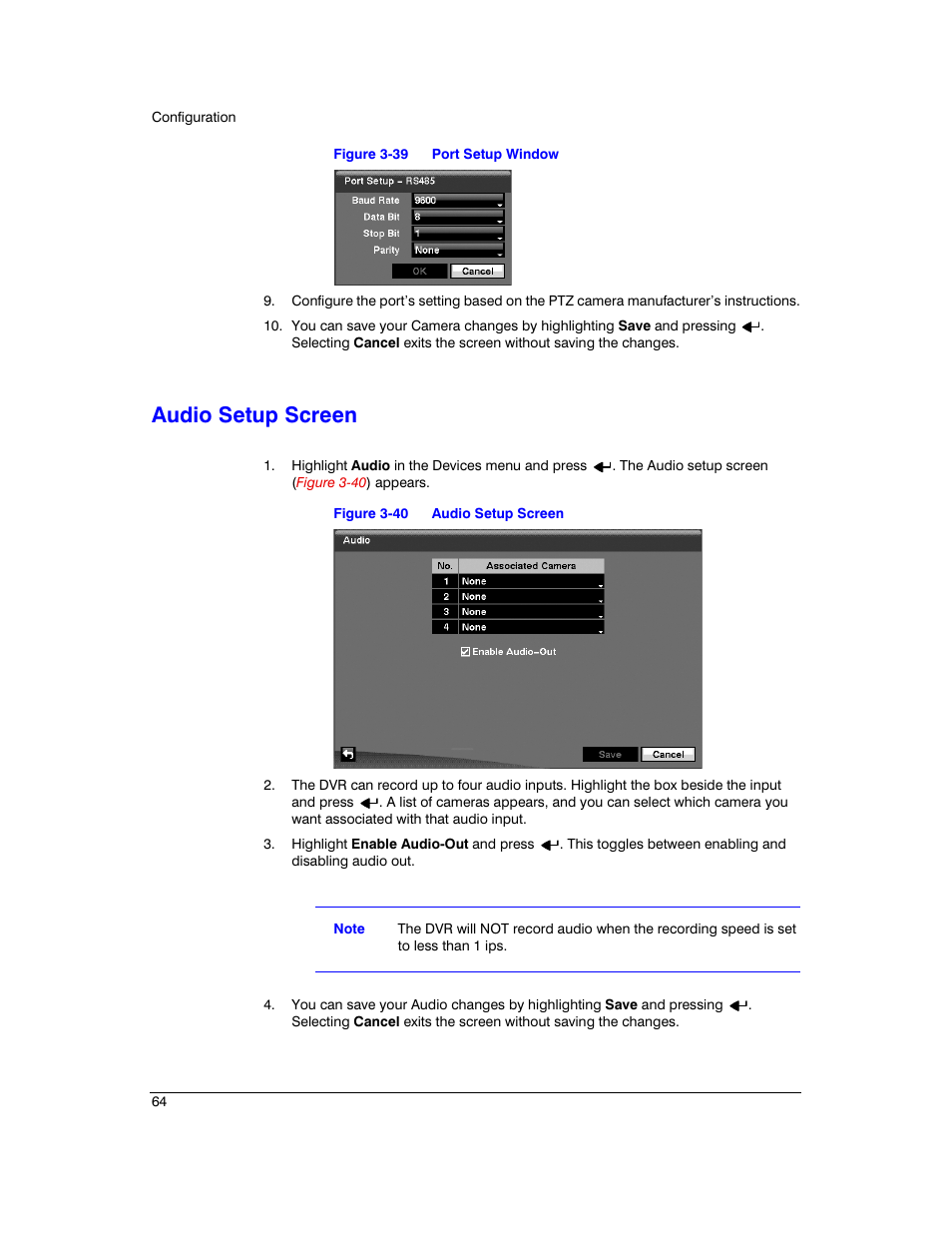 Audio setup screen, Figure 3-39, Port setup window | Figure 3-40 | Honeywell HRXD9 User Manual | Page 64 / 156