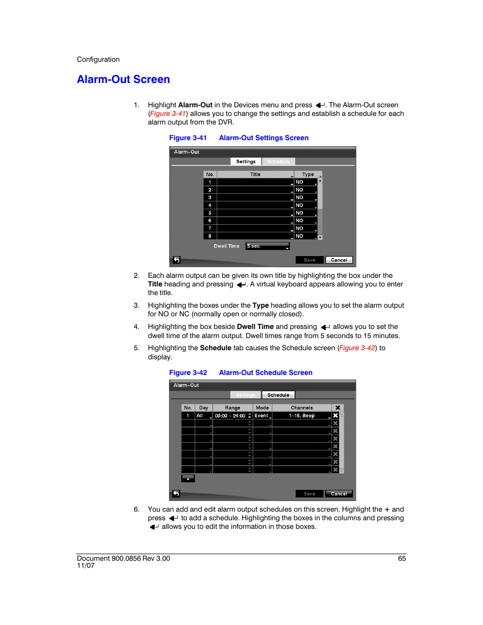 Alarm-out screen, Figure 3-41, Alarm-out settings screen | Figure 3-42, Alarm-out schedule screen | Honeywell HRXD9 User Manual | Page 65 / 156