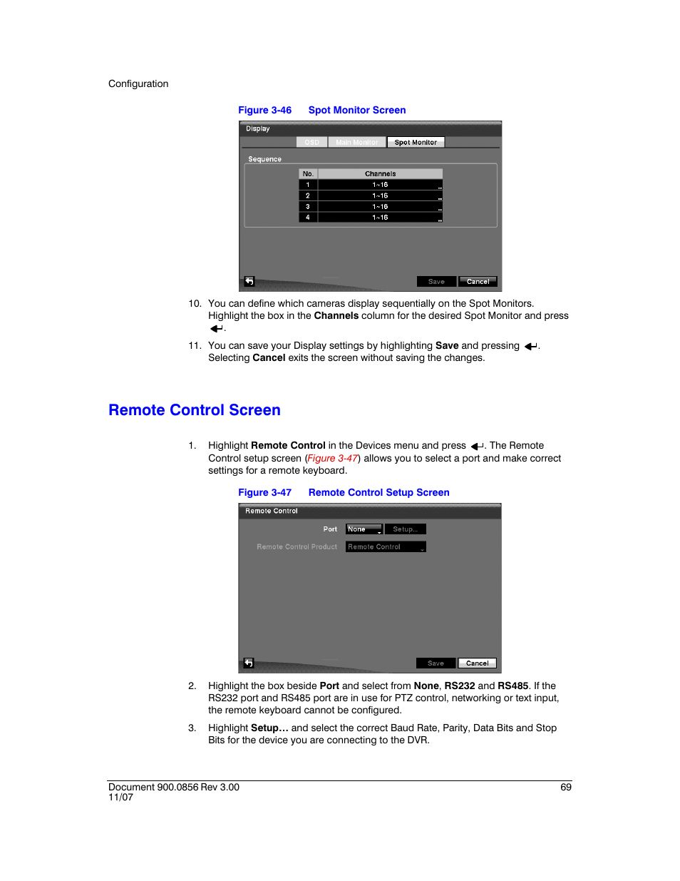 Remote control screen, Figure 3-46, Spot monitor screen | Figure 3-47, Remote control setup screen | Honeywell HRXD9 User Manual | Page 69 / 156