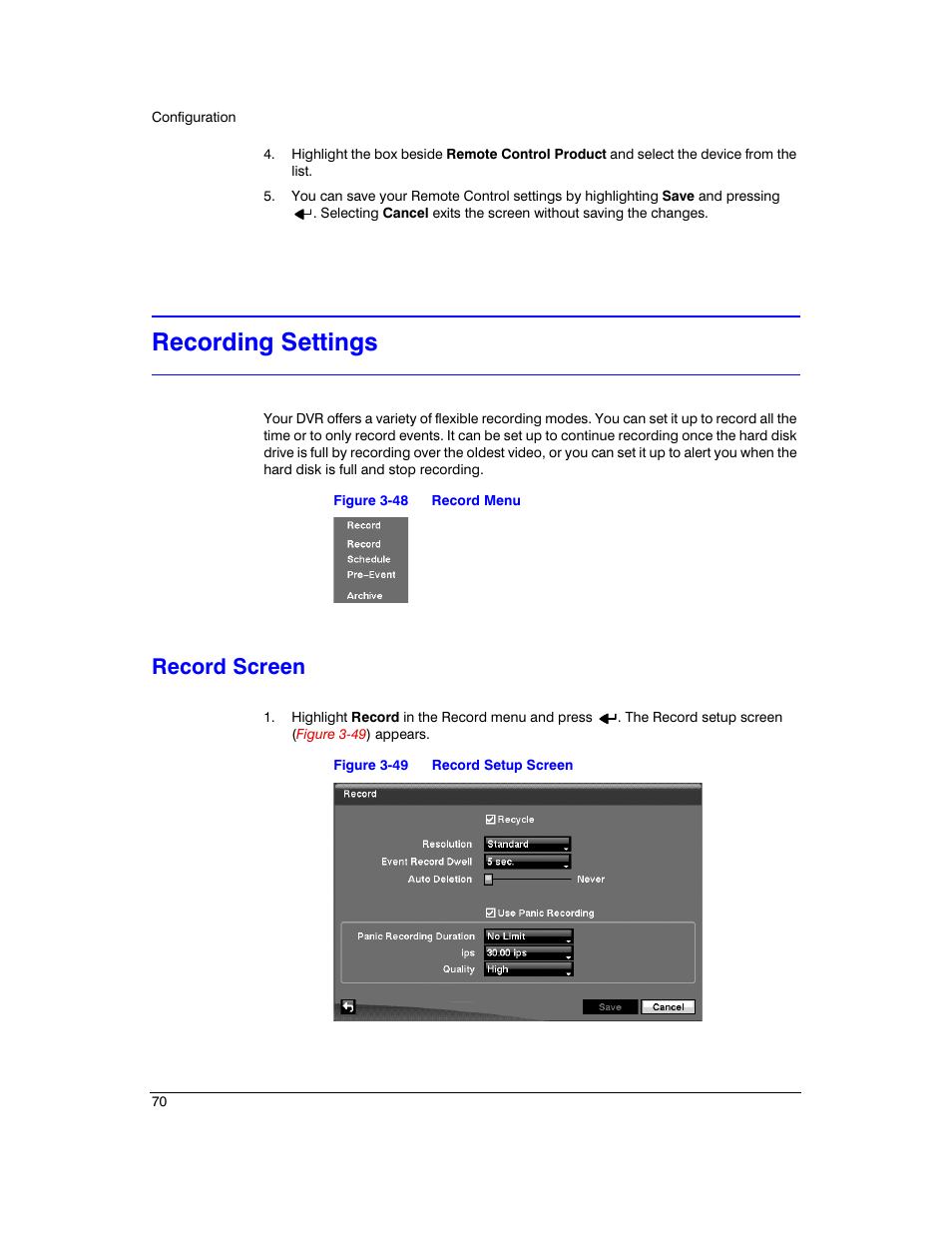 Recording settings, Record screen, Figure 3-48 | Record menu, Figure 3-49, Record setup screen | Honeywell HRXD9 User Manual | Page 70 / 156