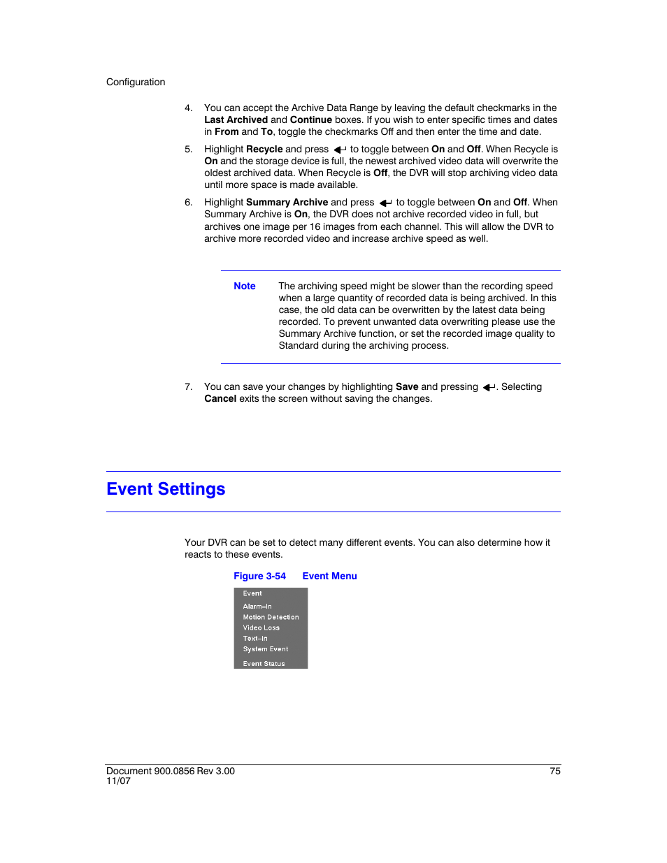 Event settings, Figure 3-54, Event menu | Honeywell HRXD9 User Manual | Page 75 / 156