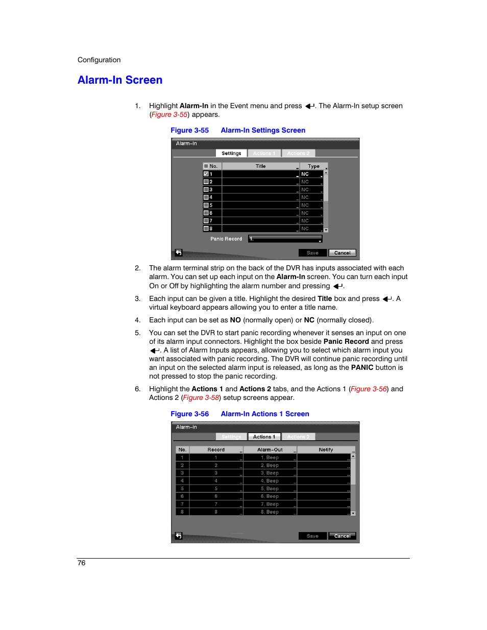 Alarm-in screen, Figure 3-55, Alarm-in settings screen | Figure 3-56, Alarm-in actions 1 screen | Honeywell HRXD9 User Manual | Page 76 / 156