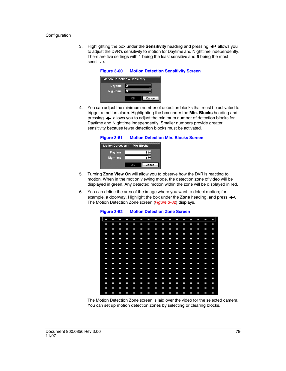 Figure 3-60, Motion detection sensitivity screen, Figure 3-61 | Motion detection min. blocks screen, Figure 3-62, Motion detection zone screen | Honeywell HRXD9 User Manual | Page 79 / 156