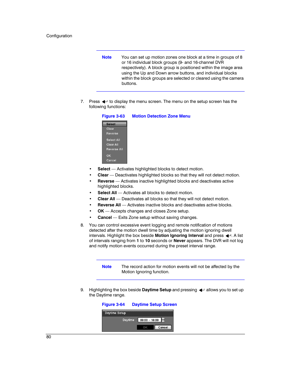 Figure 3-63, Motion detection zone menu, Figure 3-64 | Daytime setup screen | Honeywell HRXD9 User Manual | Page 80 / 156