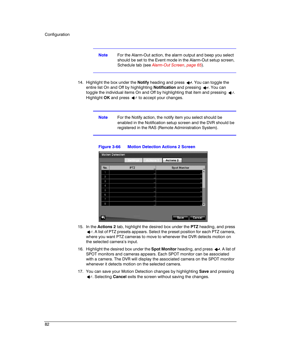 Figure 3-66, Motion detection actions 2 screen, D actions 2 | Screens dis | Honeywell HRXD9 User Manual | Page 82 / 156