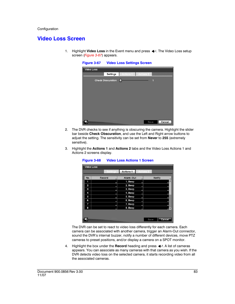 Video loss screen, Figure 3-67, Video loss settings screen | Figure 3-68, Video loss actions 1 screen | Honeywell HRXD9 User Manual | Page 83 / 156