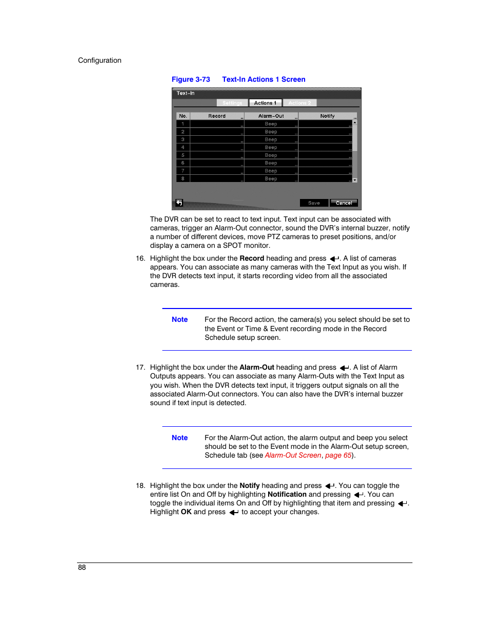Figure 3-73, Text-in actions 1 screen | Honeywell HRXD9 User Manual | Page 88 / 156