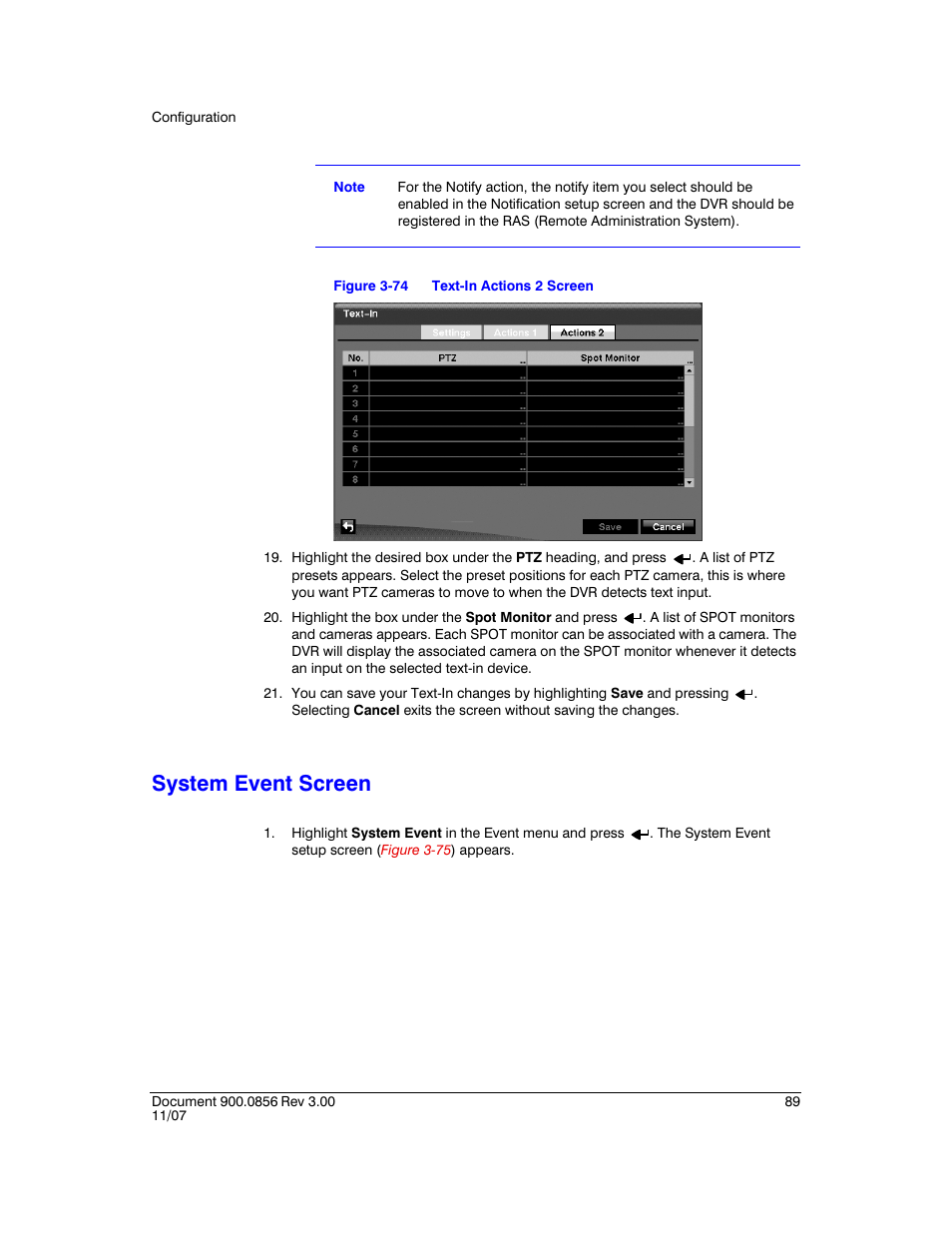 System event screen, Figure 3-74, Text-in actions 2 screen | Honeywell HRXD9 User Manual | Page 89 / 156