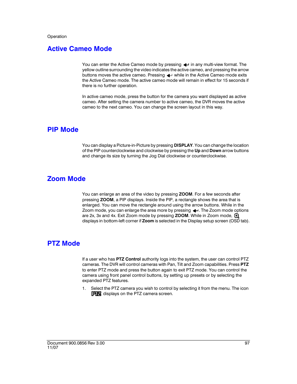 Active cameo mode, Pip mode, Zoom mode | Ptz mode, Active cameo mode pip mode zoom mode ptz mode | Honeywell HRXD9 User Manual | Page 97 / 156