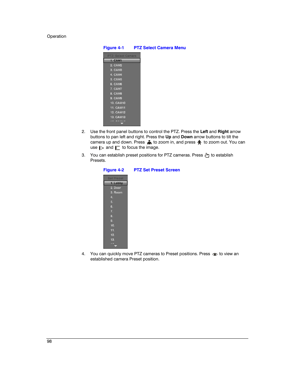 Figure 4-1, Ptz select camera menu, Figure 4-2 | Ptz set preset screen | Honeywell HRXD9 User Manual | Page 98 / 156