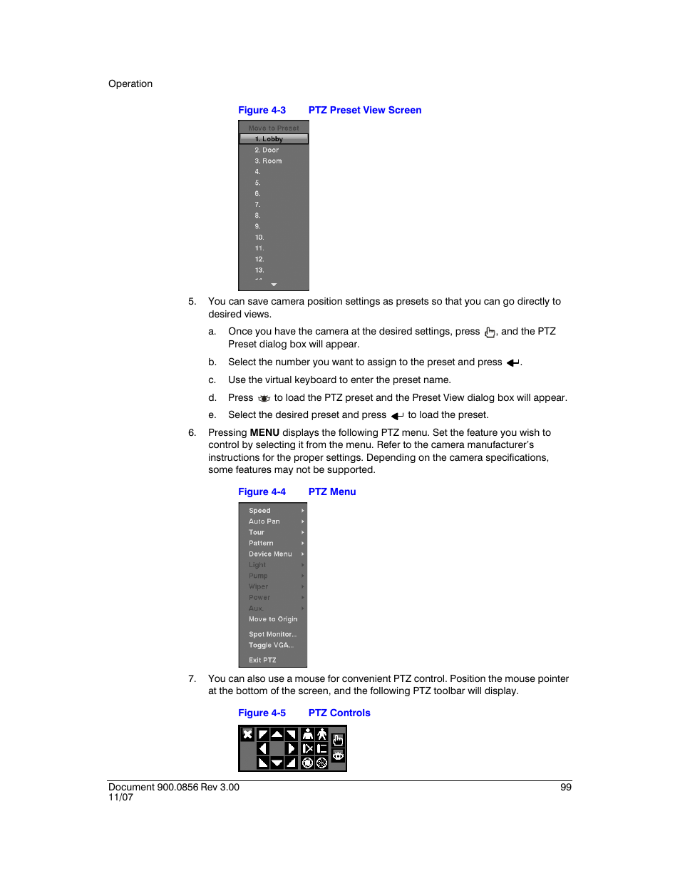 Figure 4-3, Ptz preset view screen, Figure 4-4 | Ptz menu, Figure 4-5, Ptz controls | Honeywell HRXD9 User Manual | Page 99 / 156