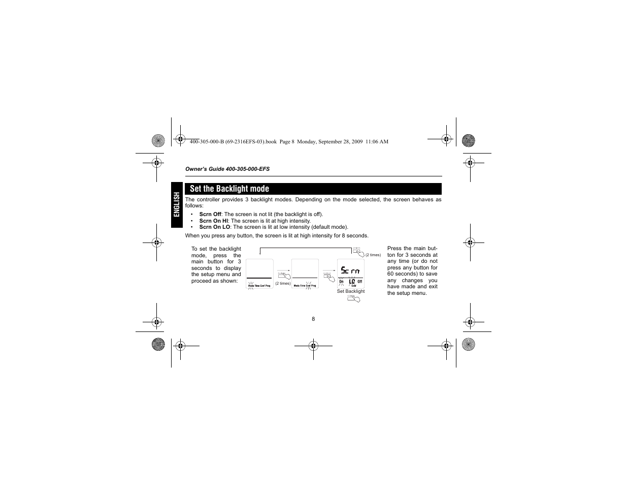 Set the backlight mode | Honeywell HVC0001 User Manual | Page 10 / 64