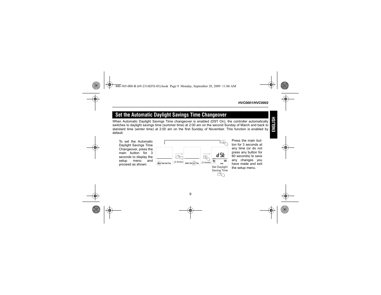 Set the automatic daylight savings time changeover | Honeywell HVC0001 User Manual | Page 11 / 64