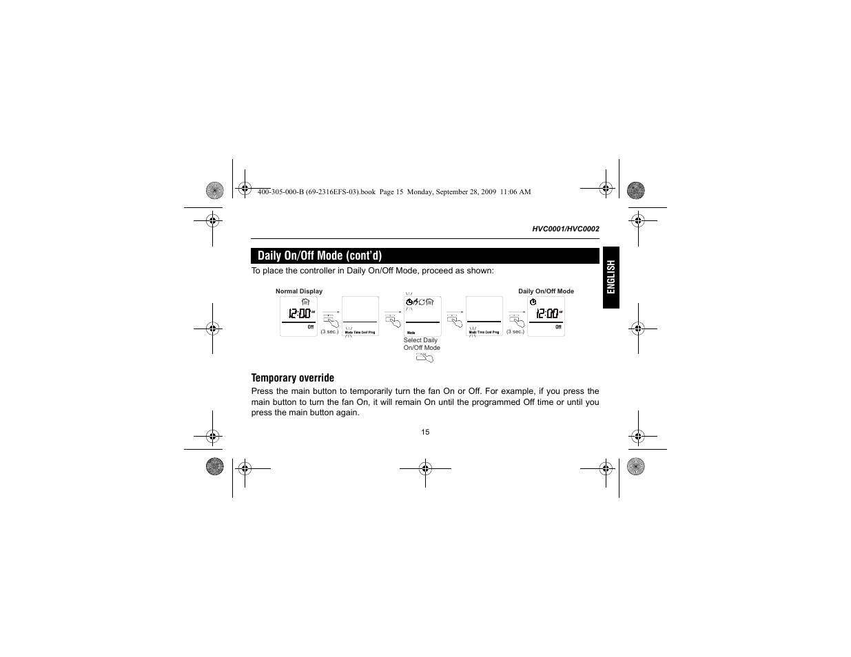 Daily on/off mode (cont’d) | Honeywell HVC0001 User Manual | Page 17 / 64