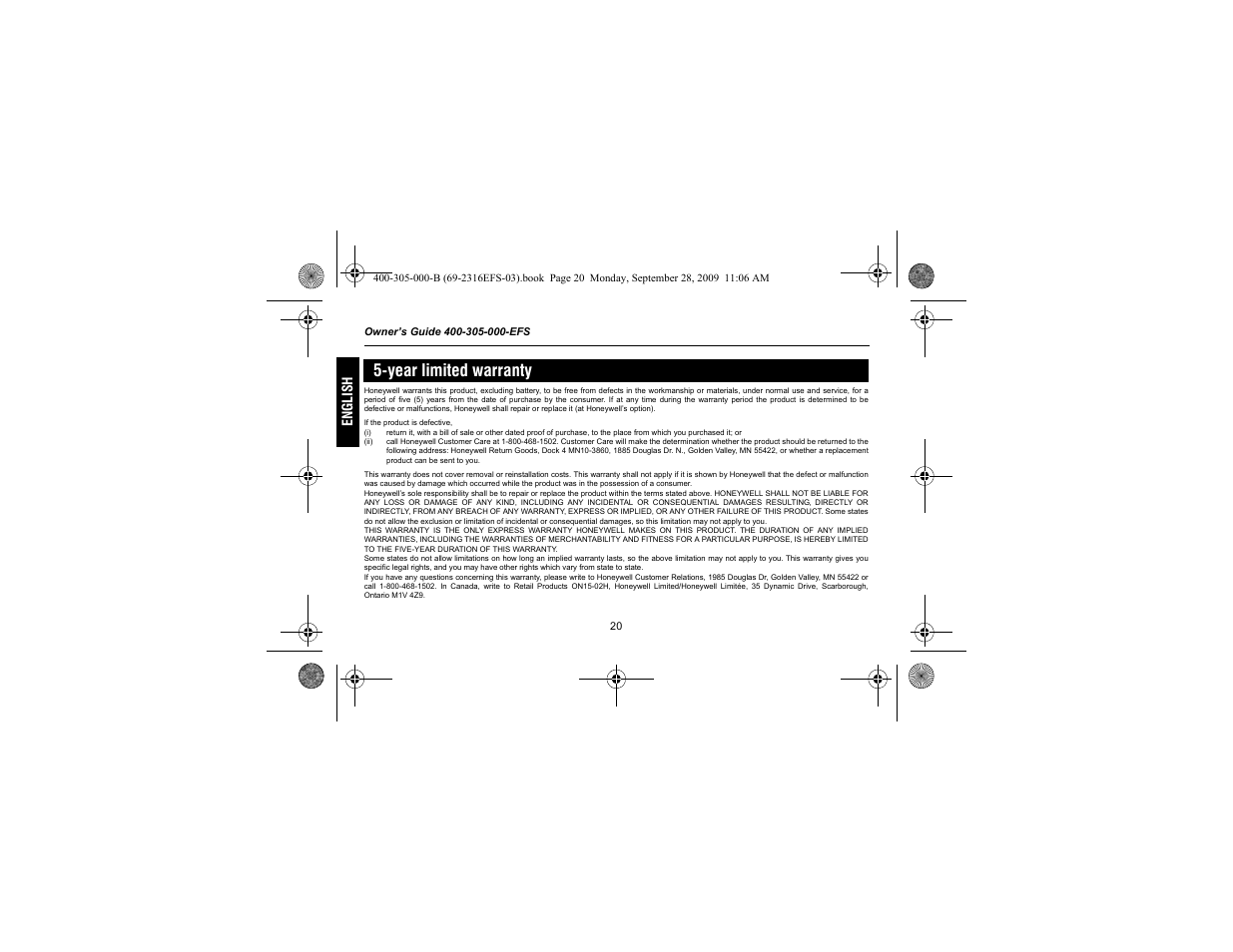 Year limited warranty | Honeywell HVC0001 User Manual | Page 22 / 64