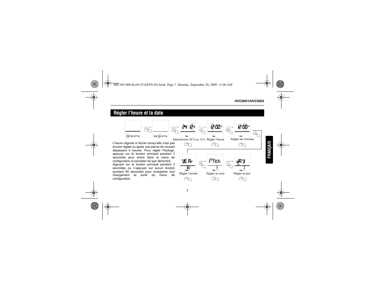 Régler l’heure et la date | Honeywell HVC0001 User Manual | Page 29 / 64