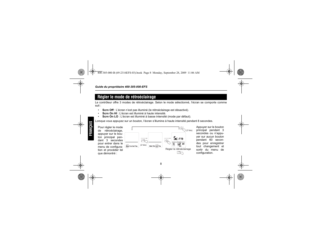 Régler le mode de rétroéclairage | Honeywell HVC0001 User Manual | Page 30 / 64