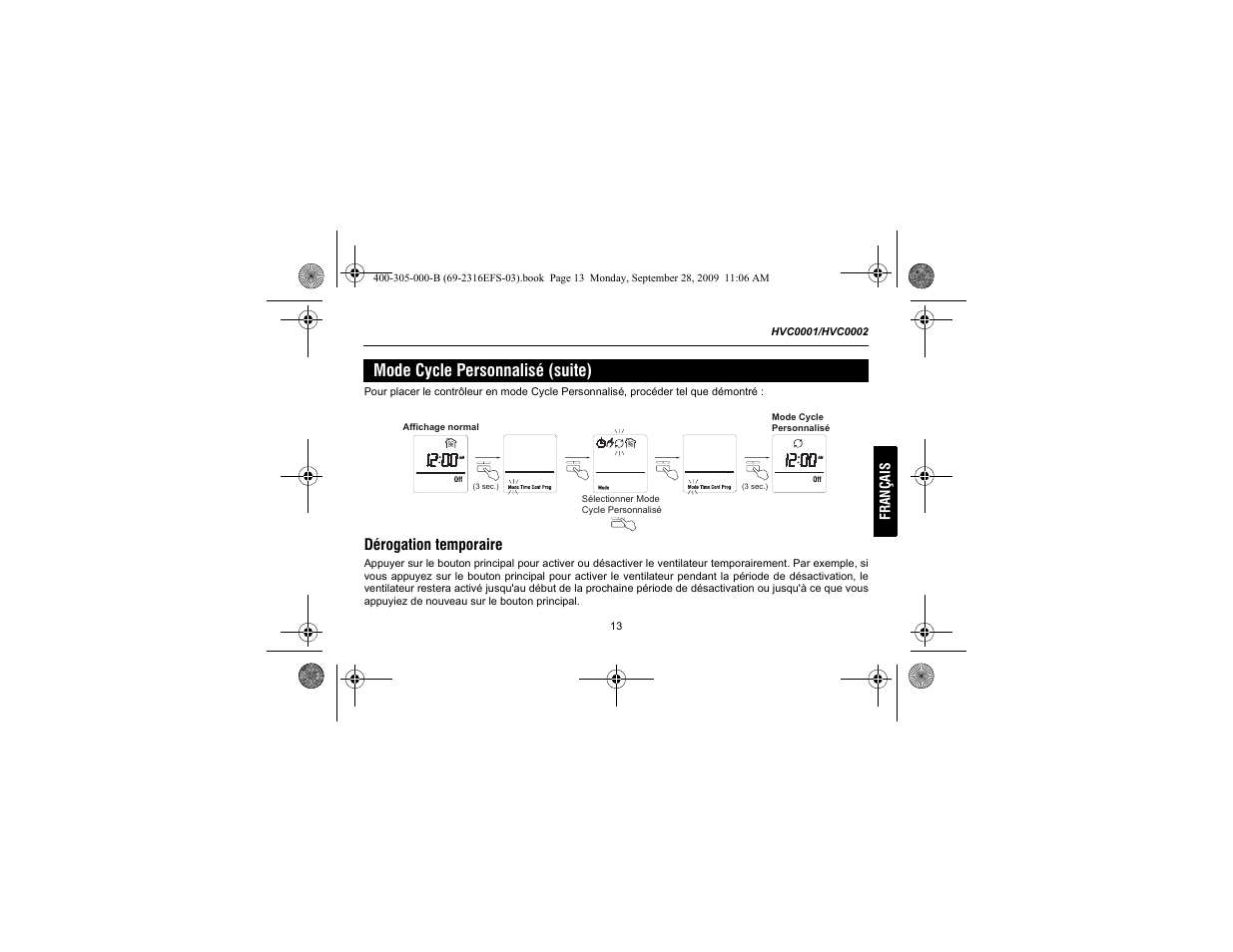 Mode cycle personnalisé (suite) | Honeywell HVC0001 User Manual | Page 35 / 64