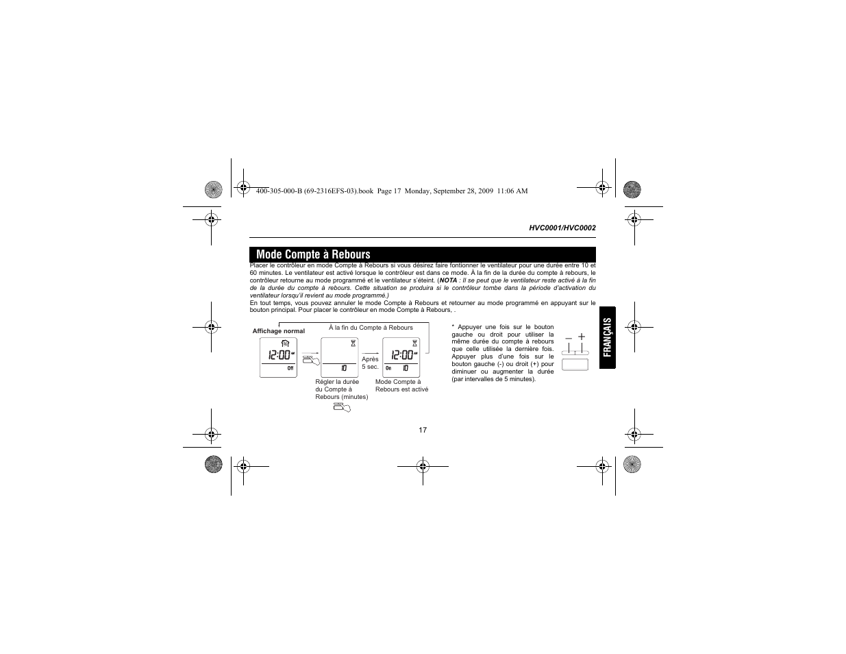Mode compte à rebours | Honeywell HVC0001 User Manual | Page 39 / 64