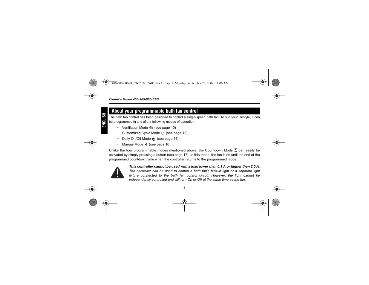 About your programmable bath fan control | Honeywell HVC0001 User Manual | Page 4 / 64