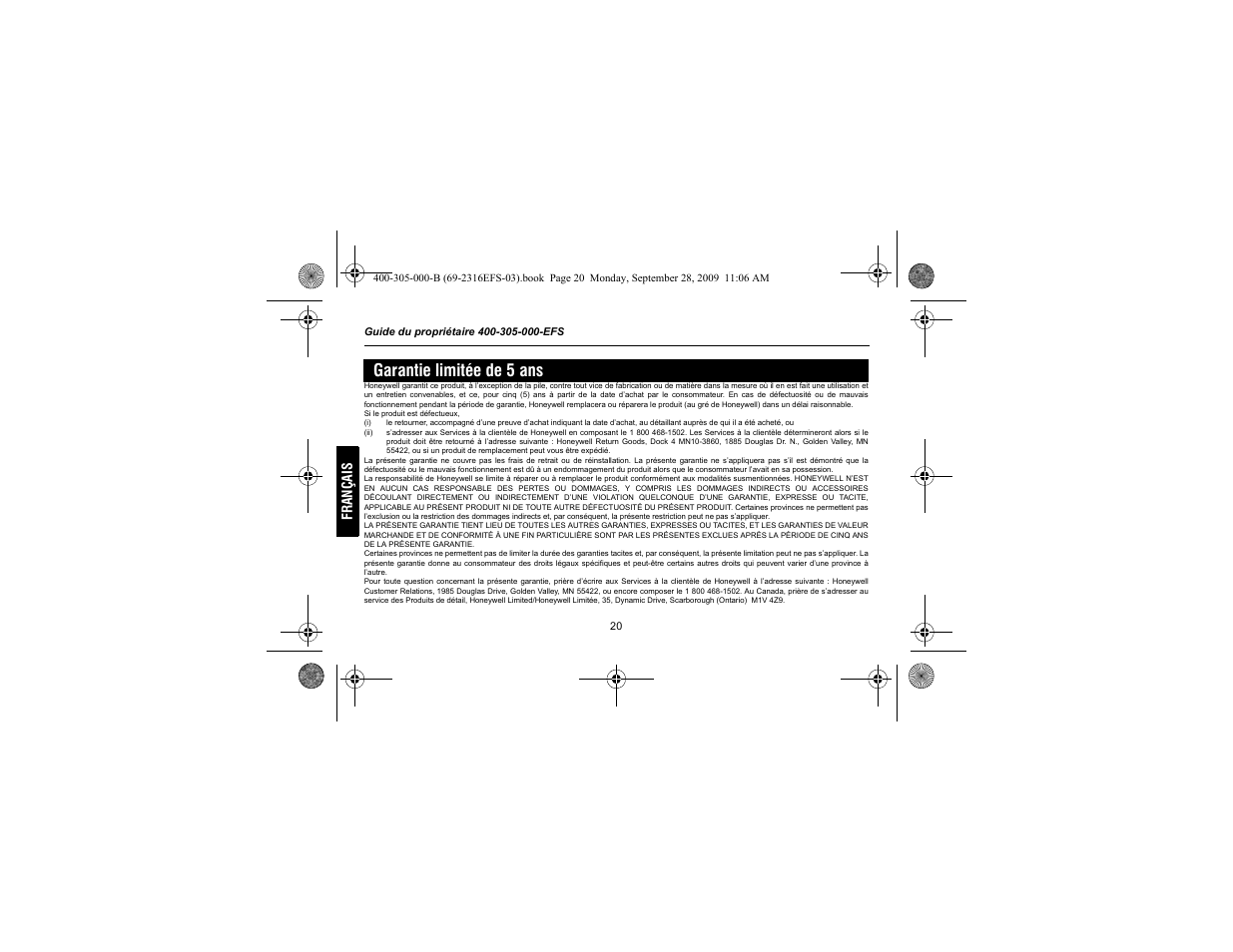 Garantie limitée de 5 ans | Honeywell HVC0001 User Manual | Page 42 / 64