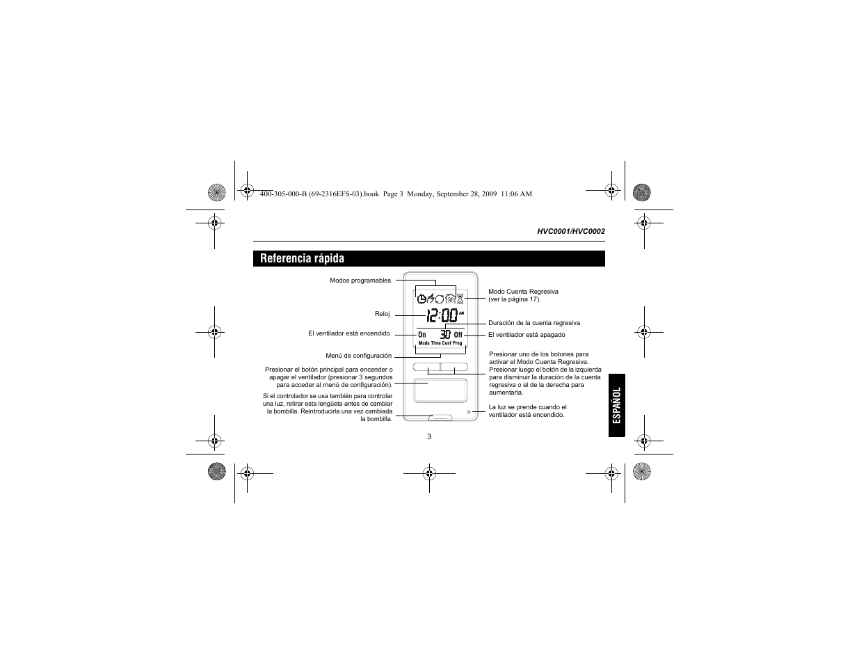 Referencia rápida | Honeywell HVC0001 User Manual | Page 45 / 64