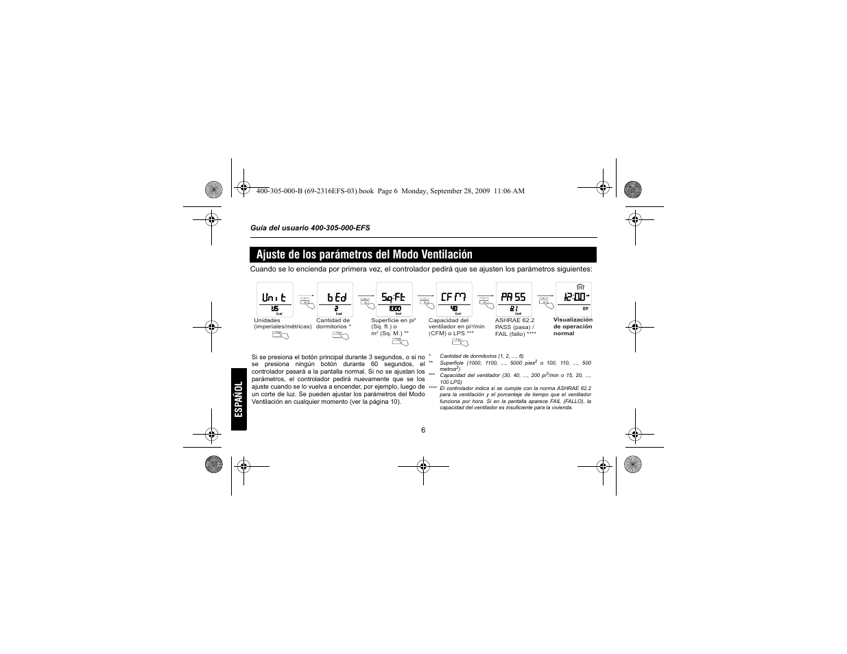 Ajuste de los parámetros del modo ventilación, Esp añol | Honeywell HVC0001 User Manual | Page 48 / 64