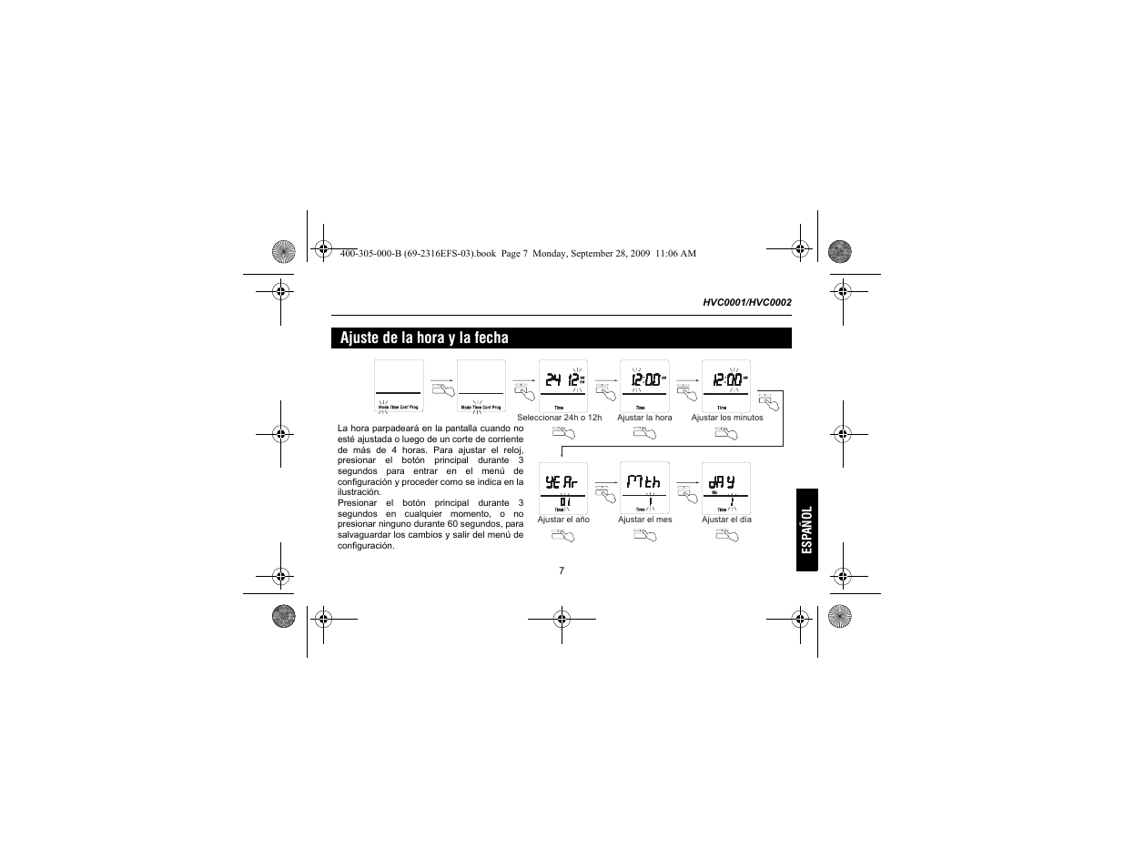 Ajuste de la hora y la fecha | Honeywell HVC0001 User Manual | Page 49 / 64