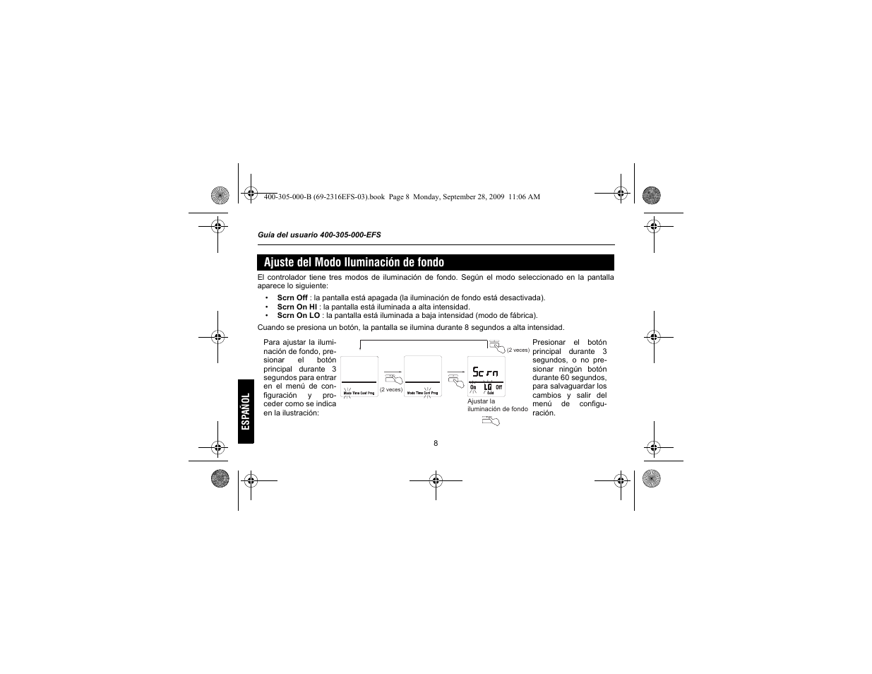 Ajuste del modo iluminación de fondo | Honeywell HVC0001 User Manual | Page 50 / 64