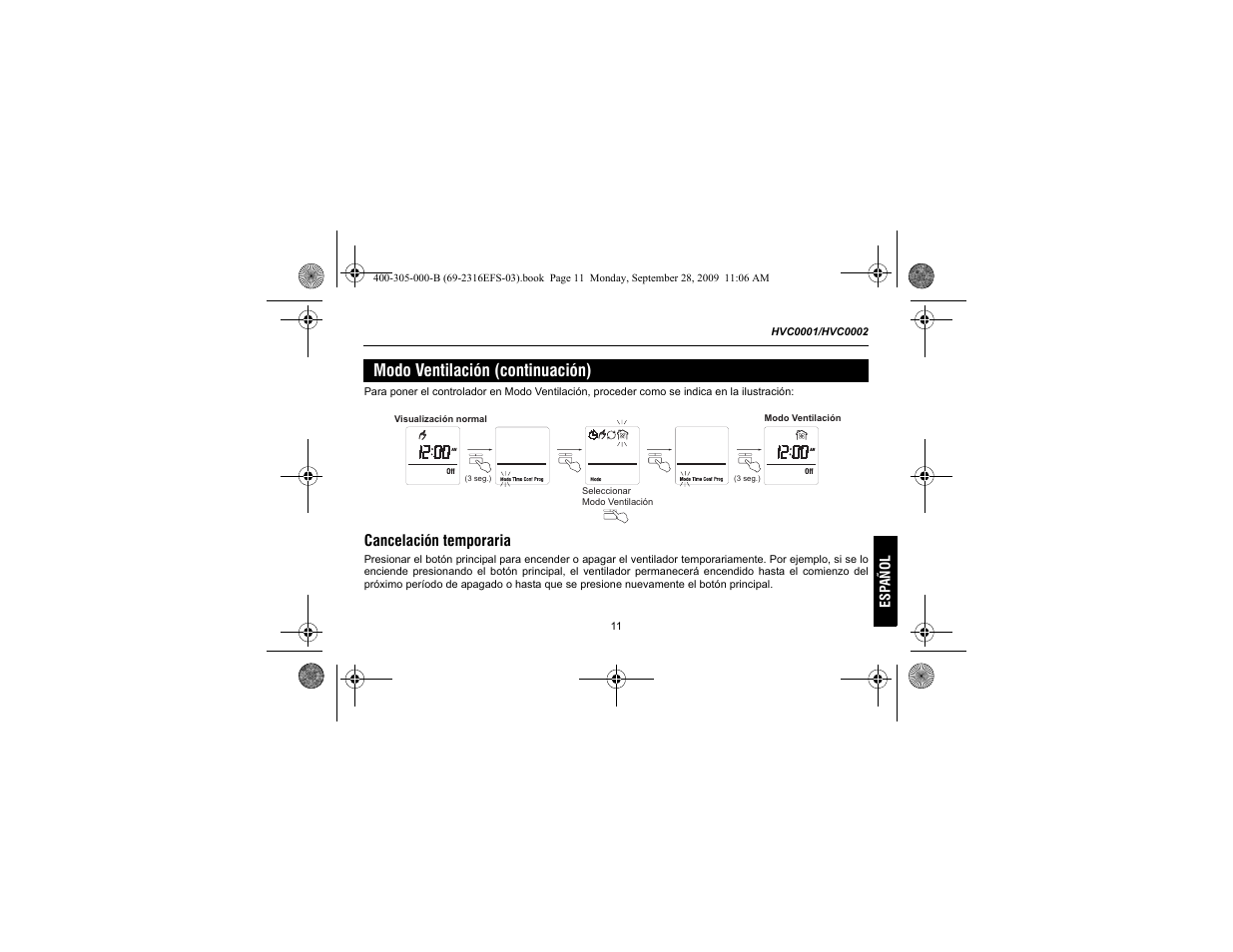 Modo ventilación (continuación) | Honeywell HVC0001 User Manual | Page 53 / 64