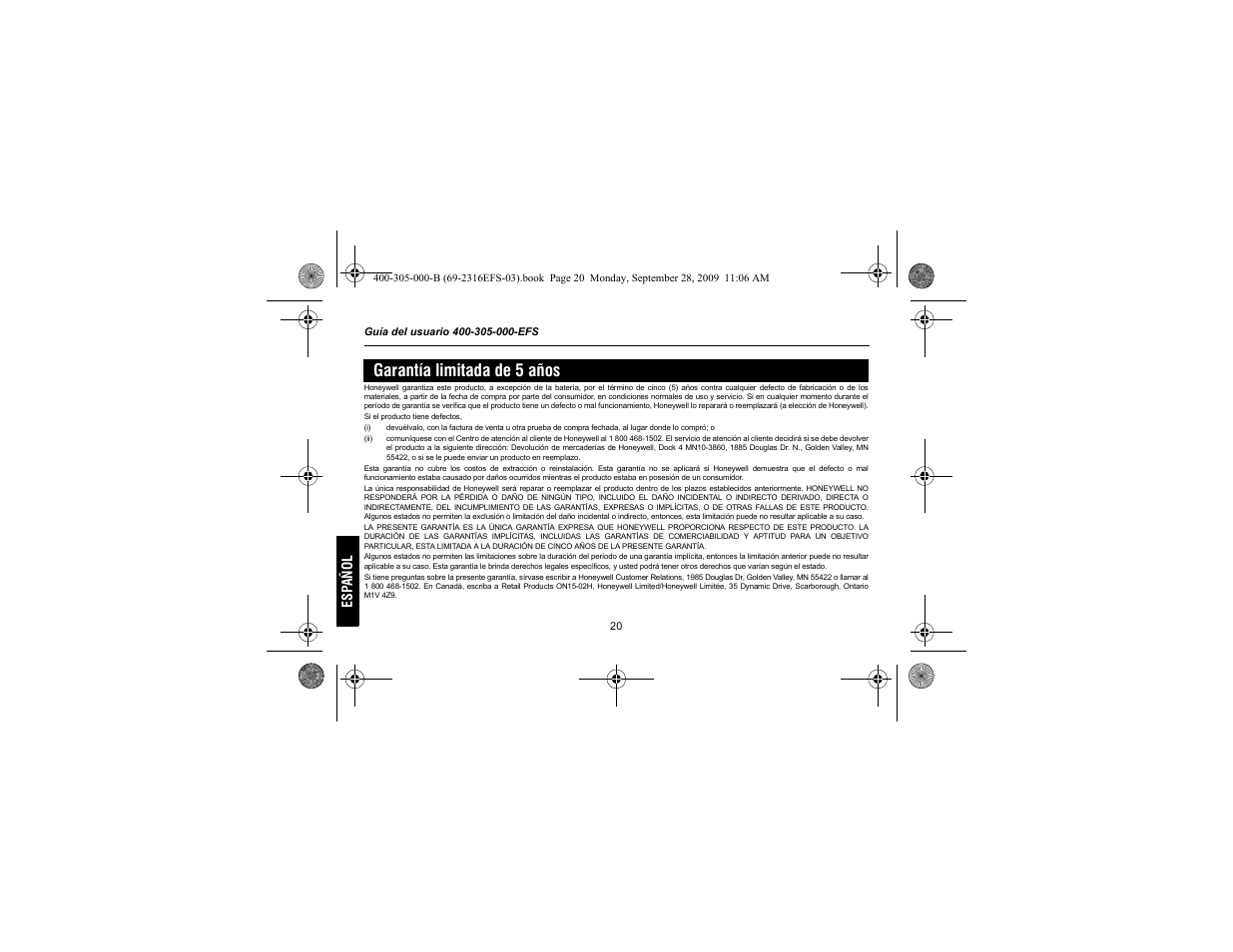 Garantía limitada de 5 años | Honeywell HVC0001 User Manual | Page 62 / 64