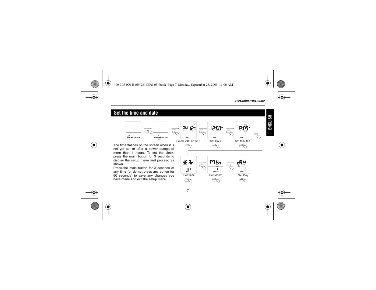 Set the time and date | Honeywell HVC0001 User Manual | Page 9 / 64