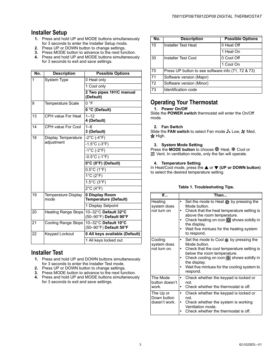 Installer setup, Installer test, Operating your thermostat | Honeywell Digital T6811DP08 User Manual | Page 3 / 8