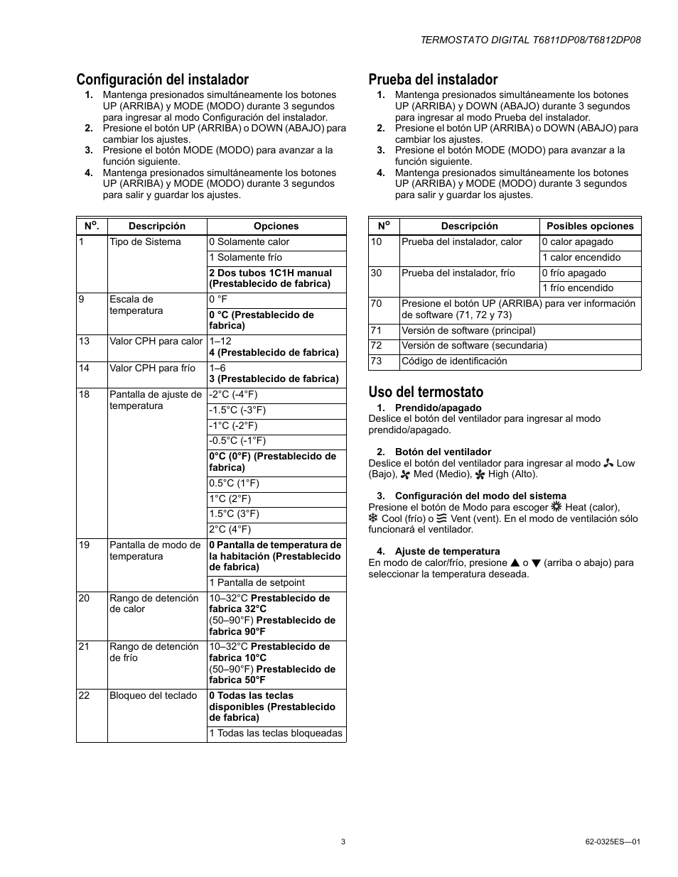 Configuración del instalador, Prueba del instalador, Uso del termostato | Honeywell Digital T6811DP08 User Manual | Page 7 / 8