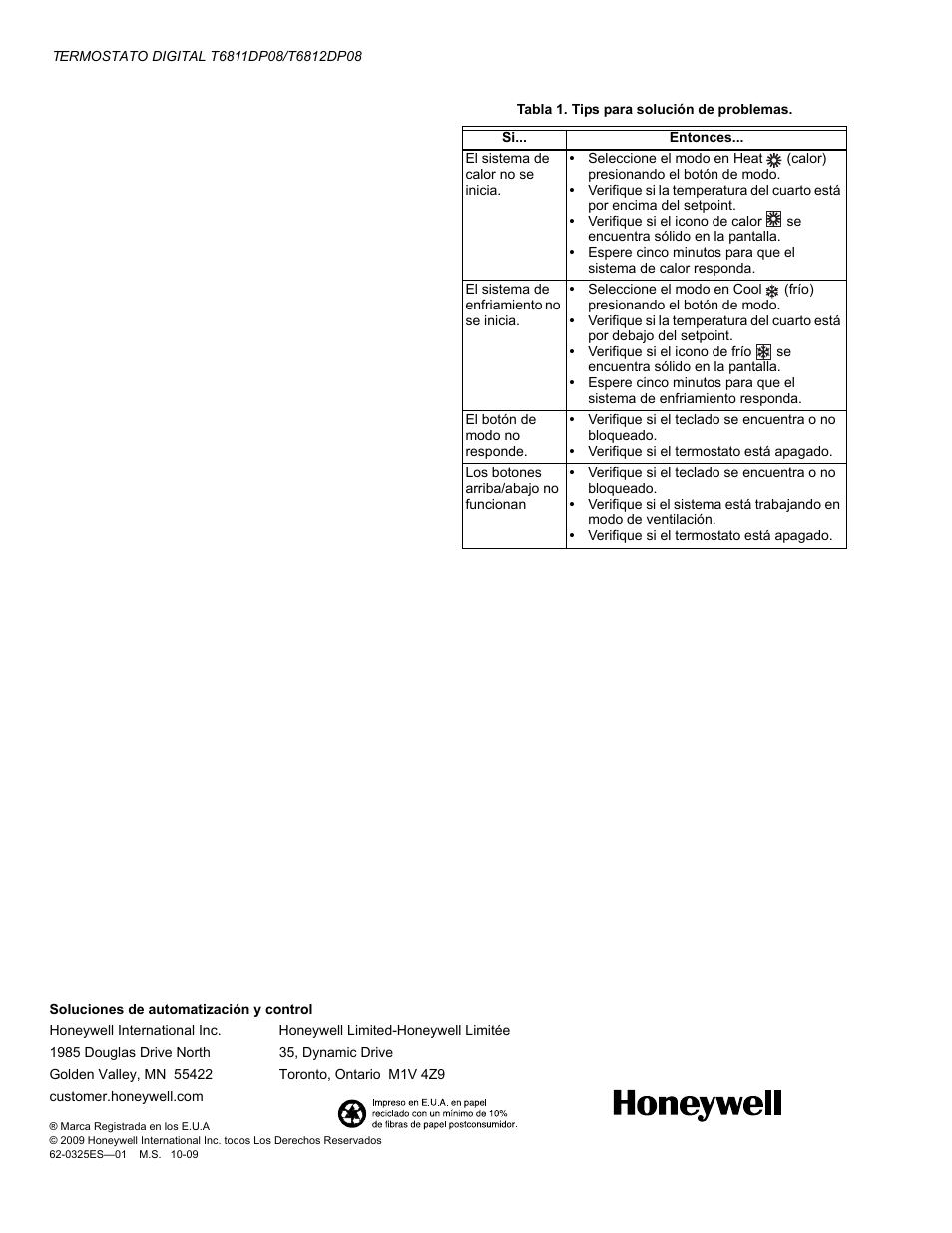 Honeywell Digital T6811DP08 User Manual | Page 8 / 8