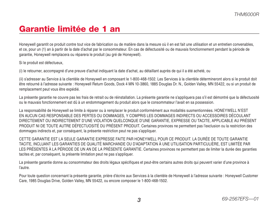 Garantie limitée de 1 an | Honeywell M32855 THM6000R User Manual | Page 11 / 20