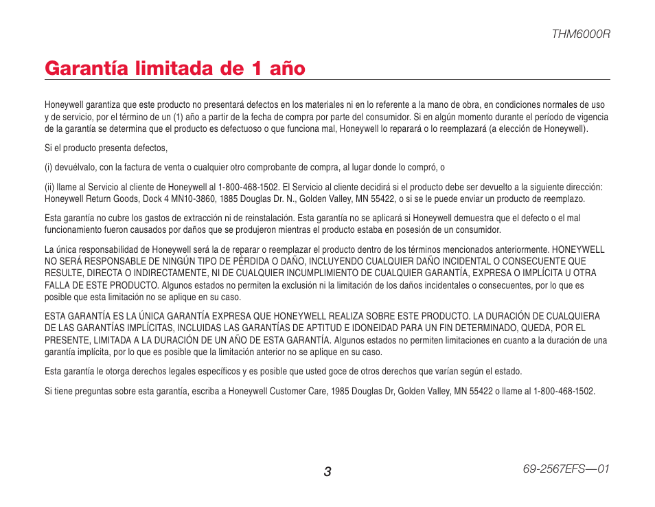 Garantía limitada de 1 año | Honeywell M32855 THM6000R User Manual | Page 17 / 20
