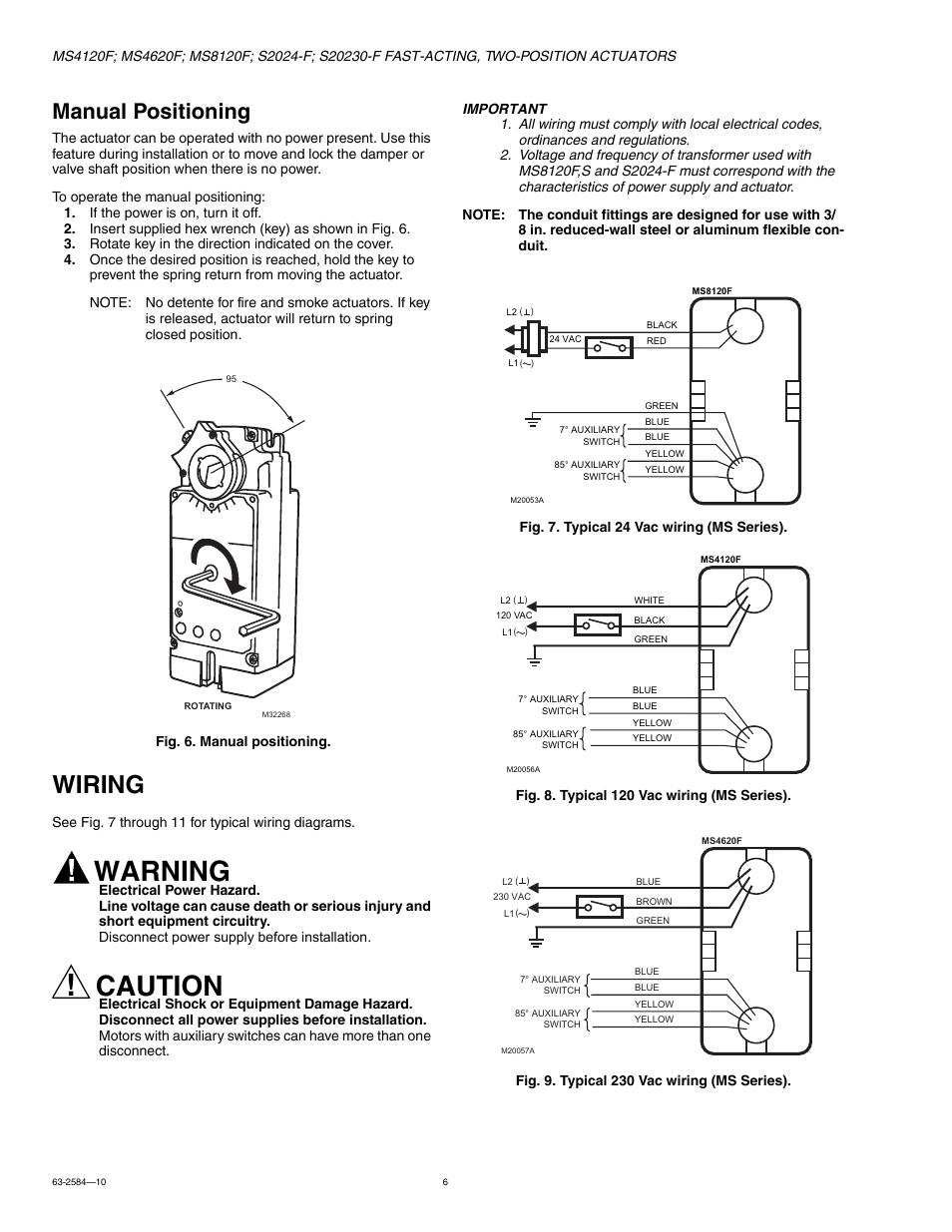 Manual positioning, Wiring, Warning | Caution | Honeywell MS8120S User Manual | Page 6 / 12