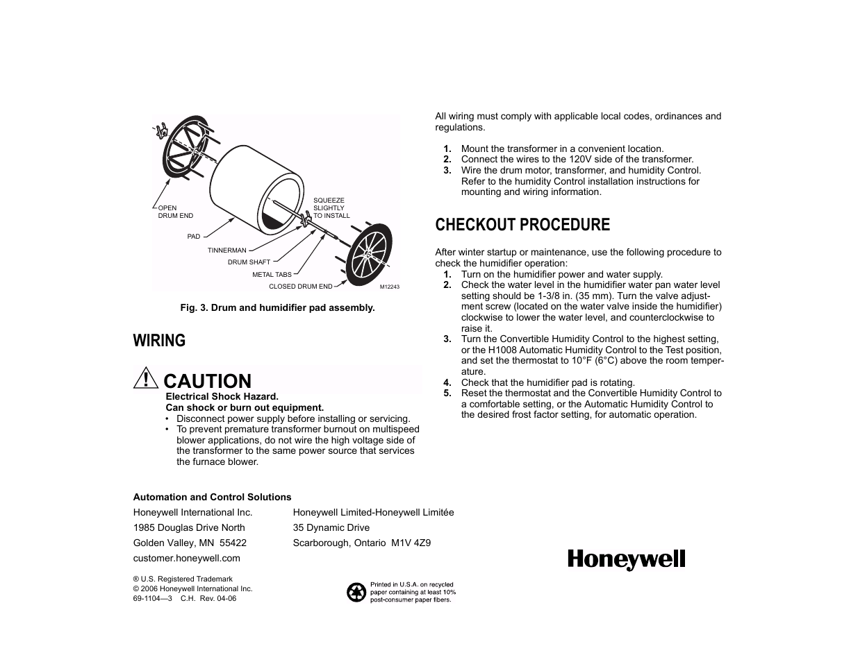 Wiring, Checkout procedure, Caution | Honeywell HE120A User Manual | Page 3 / 3