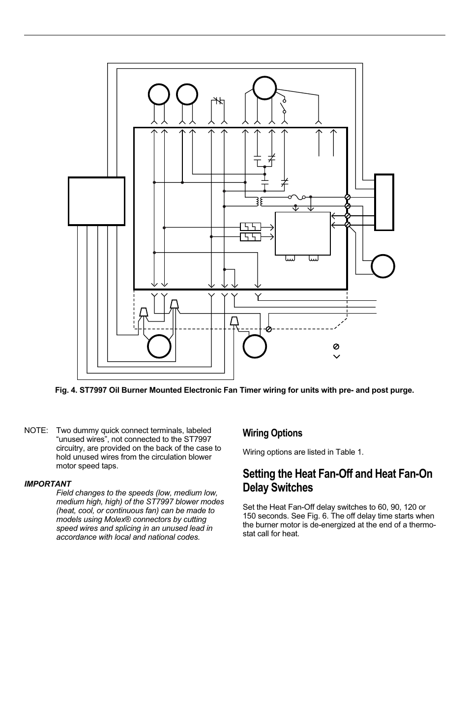 Wiring options, St7997 oil burner mounted electric fan timer, Wiring options are listed in table 1 | Honeywell ST7997 User Manual | Page 4 / 8