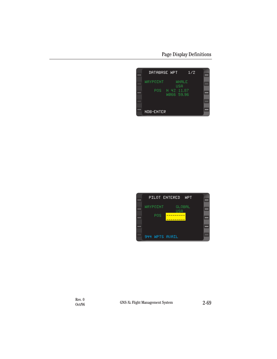 Special database waypoints, Pilot entered wpt (personalized) waypoint, Page display definitions 2-69 | Honeywell GNS-XL User Manual | Page 100 / 353