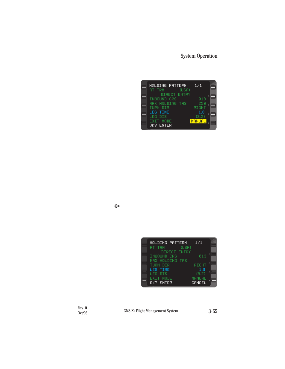 Reviewing, editing, or canceling a holding pattern, Reviewing, System operation 3-65 | Honeywell GNS-XL User Manual | Page 183 / 353
