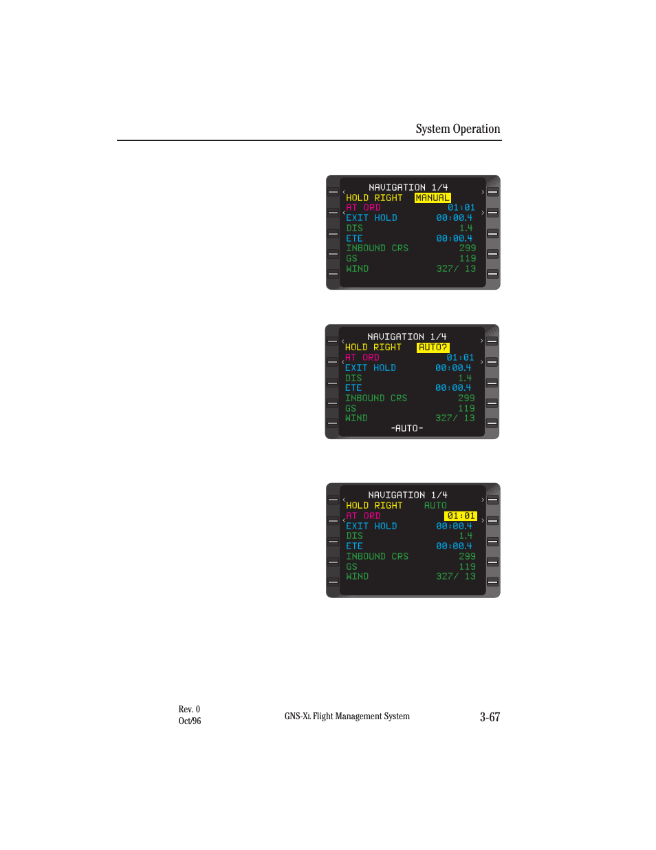 Exiting holding pattern next time over holding fix, System operation 3-67 | Honeywell GNS-XL User Manual | Page 185 / 353