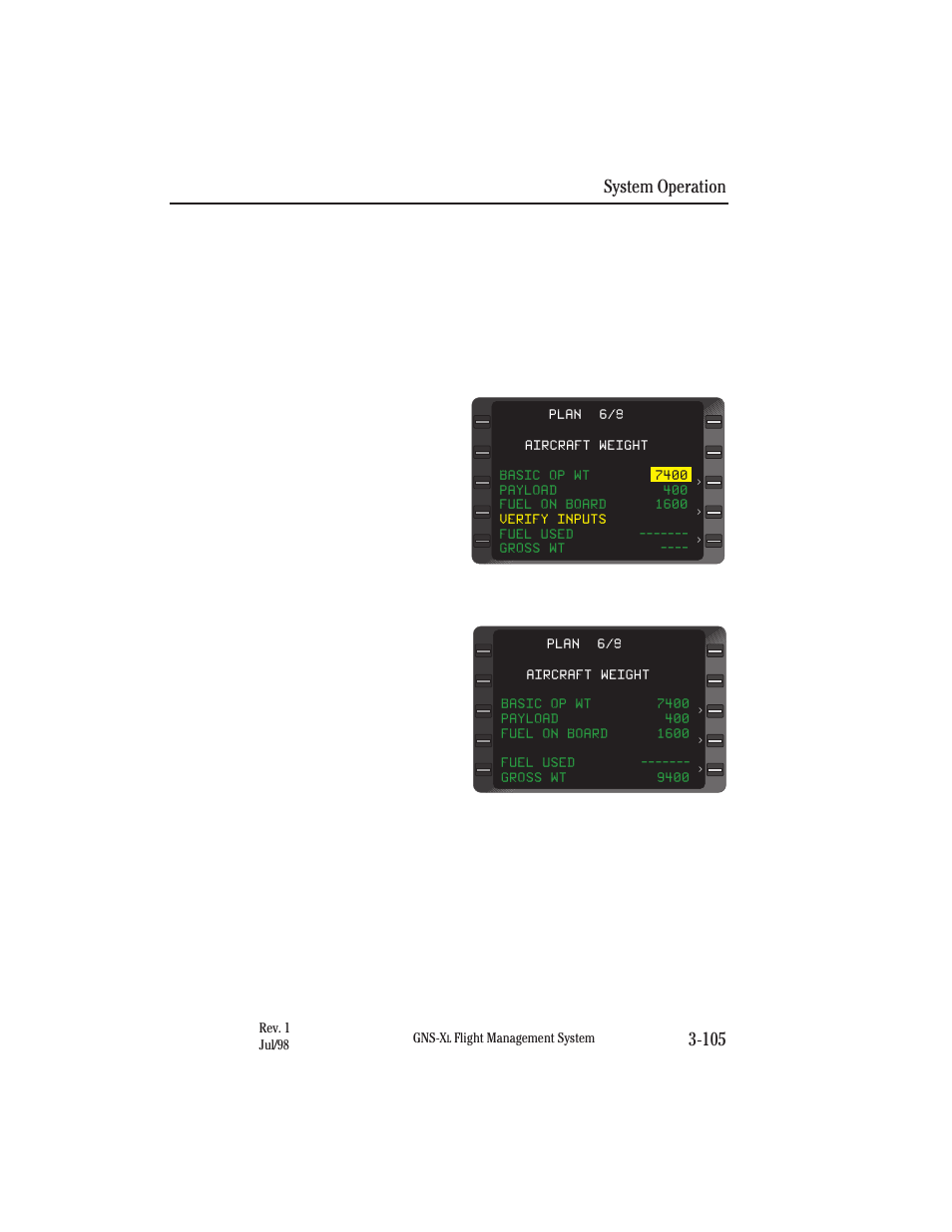 Verifying or changing aircraft weight parameters, System operation 3-105 | Honeywell GNS-XL User Manual | Page 223 / 353