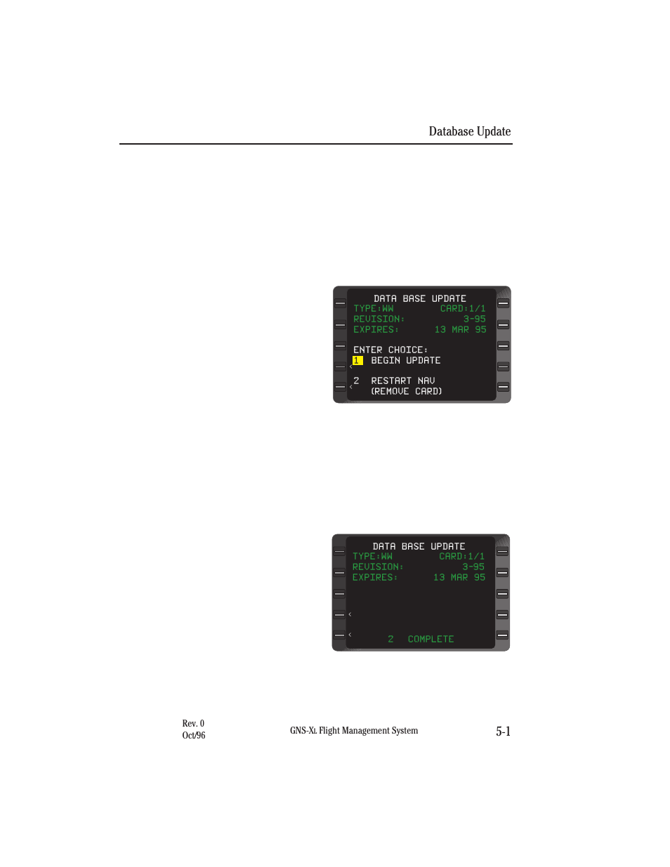 Section 5 database update, Data base update procedures, To update | Database update 5-1 | Honeywell GNS-XL User Manual | Page 255 / 353