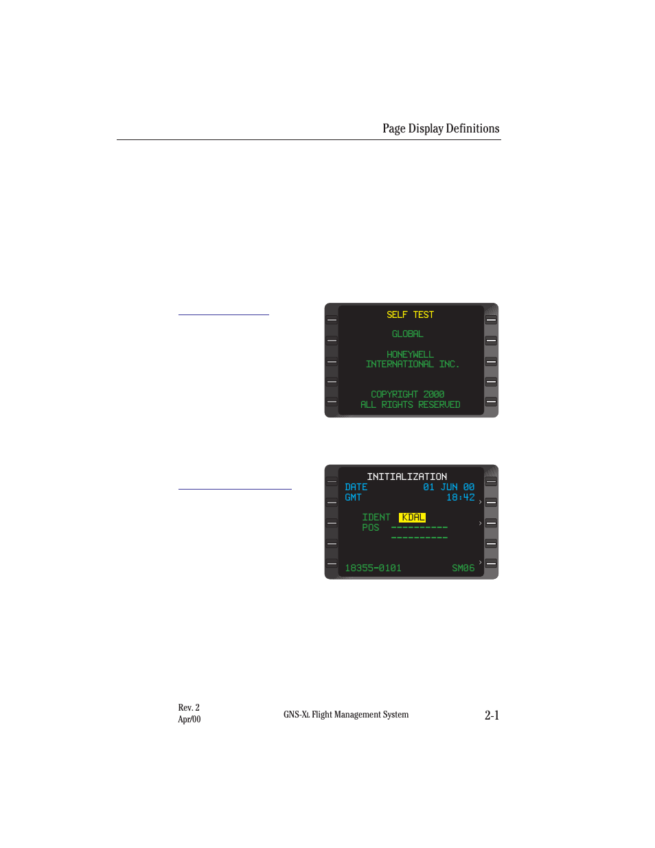 Page display definitions 2-1, Page displays at power-up | Honeywell GNS-XL User Manual | Page 32 / 353