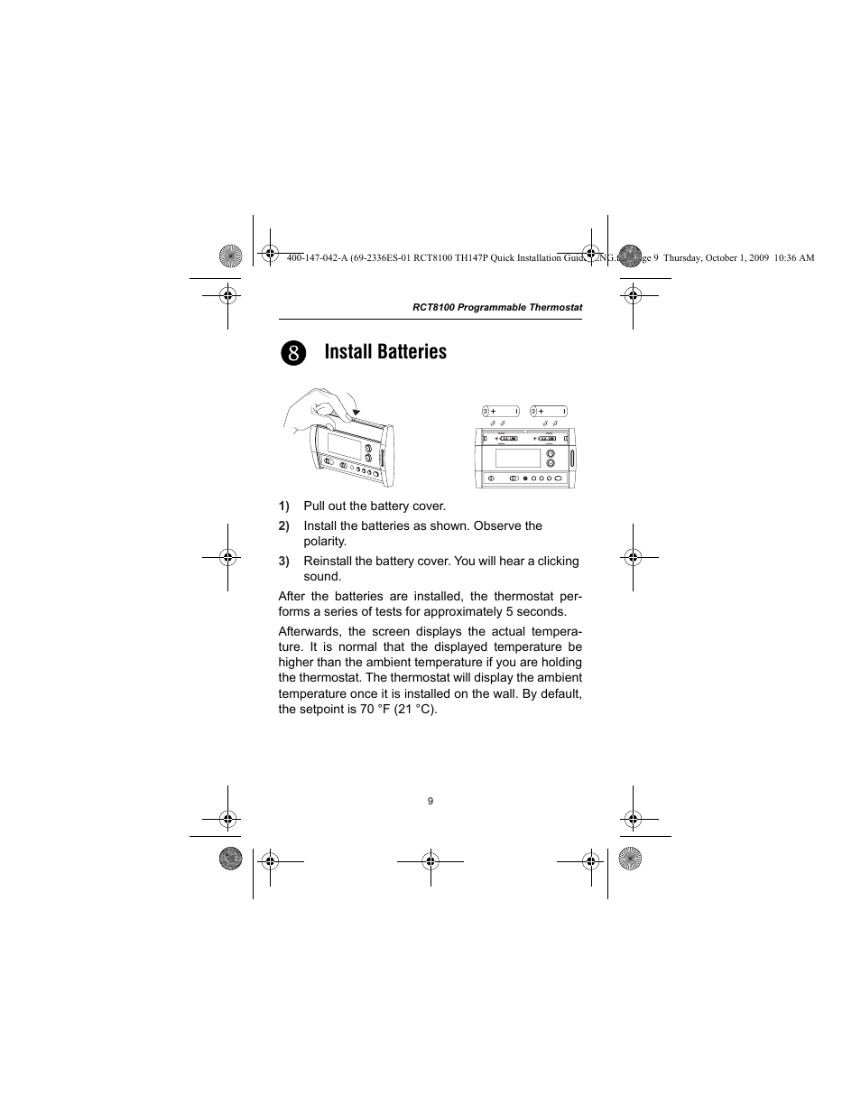 Install batteries | Honeywell RCT8100 User Manual | Page 11 / 28