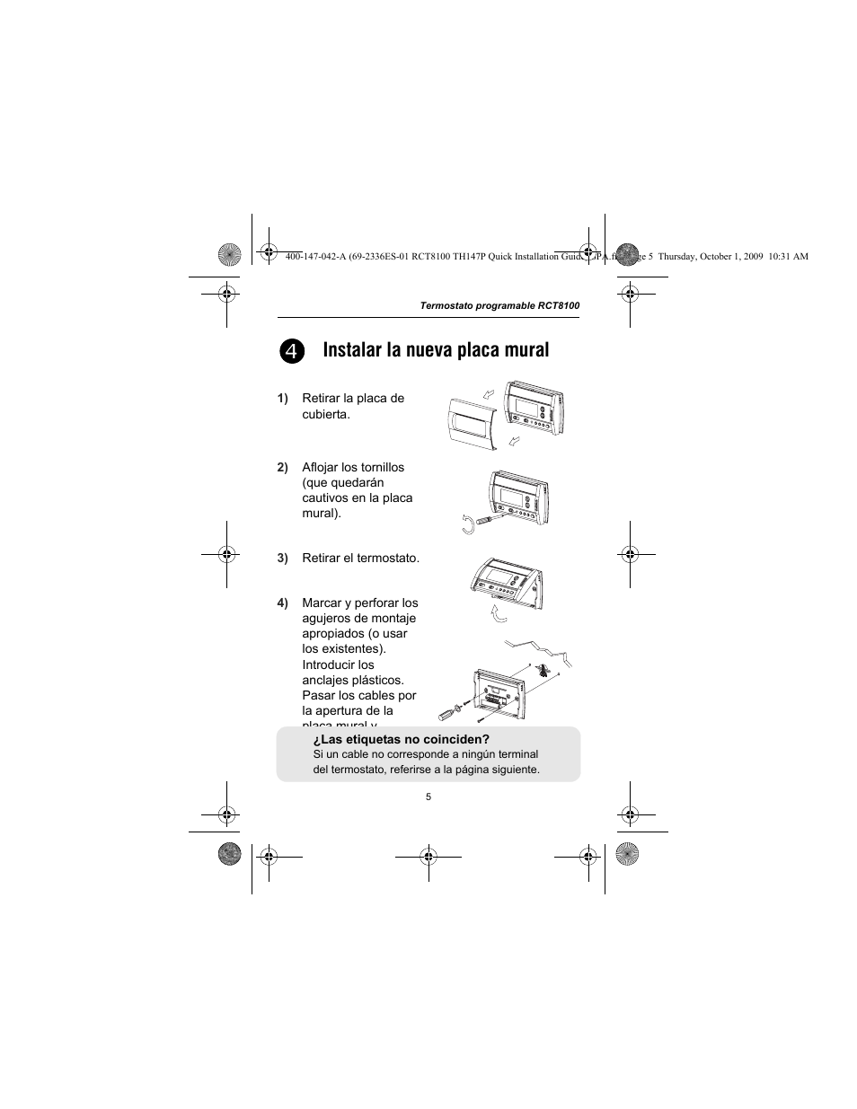 Instalar la nueva placa mural | Honeywell RCT8100 User Manual | Page 21 / 28