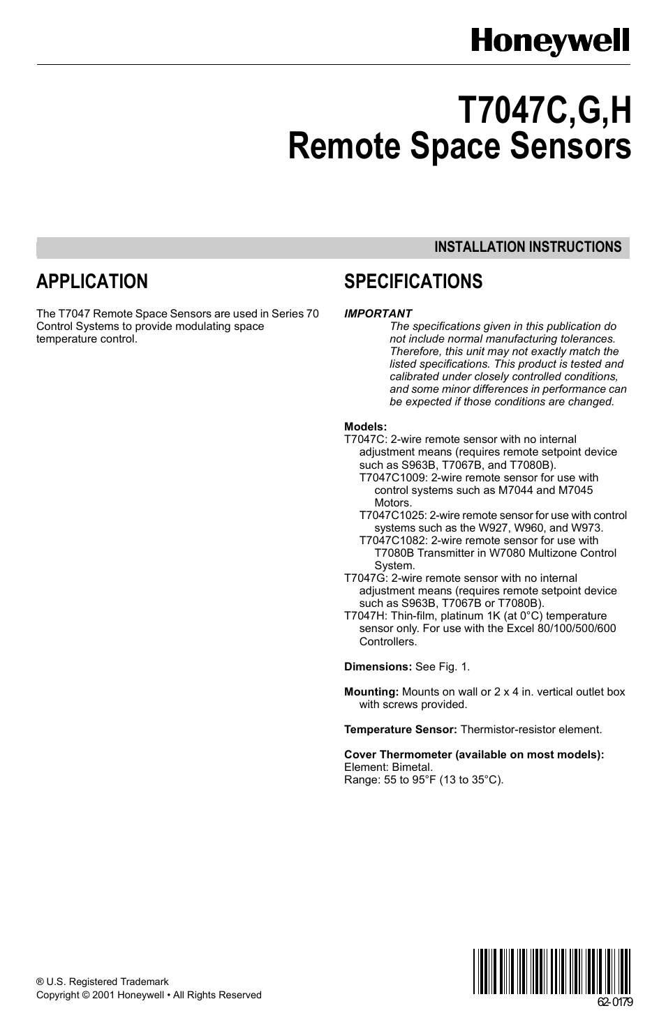 Honeywell T7047C User Manual | 8 pages